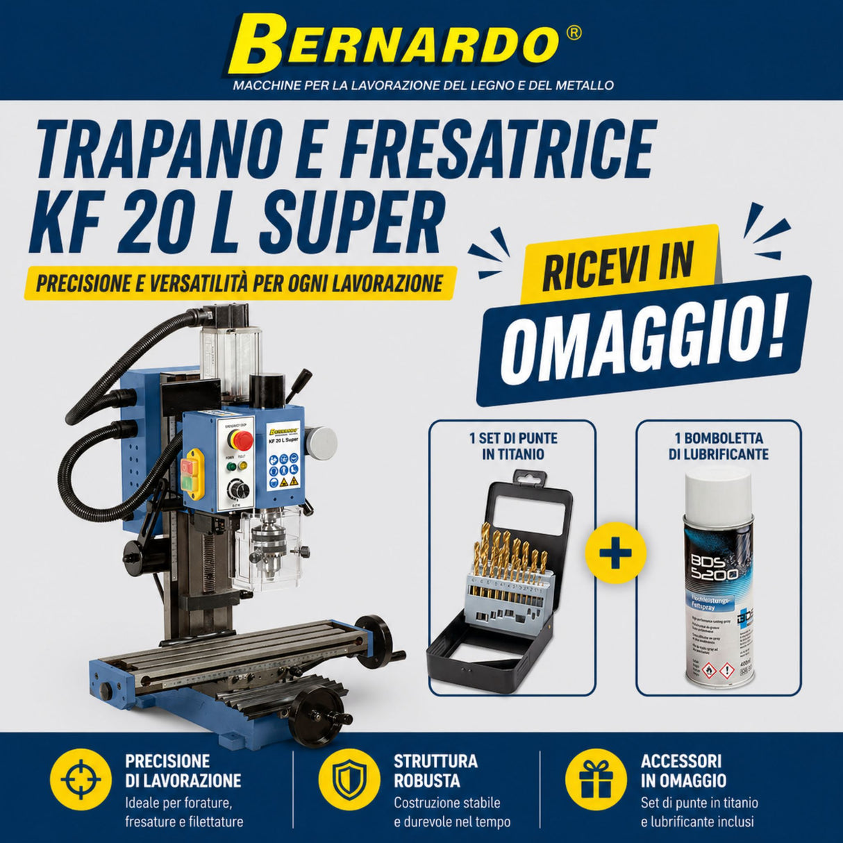 Trapano fresatrice Bernardo KF 20 L Super in versione combo, ideale per lavorazioni di foratura e fresatura su metallo con precisione e affidabilità.