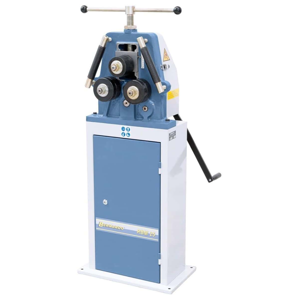 Curvatrice ad anello manuale Bernardo RBM 25 con azionamento a riduttore, rulli standard e rulli raddrizzatori laterali.
