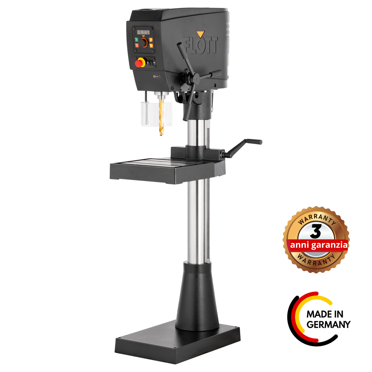 Trapano a colonna Flott SB 23 Plus con motore 400V, regolazione continua della velocità e robusta colonna da 110 mm per lavorazioni industriali.