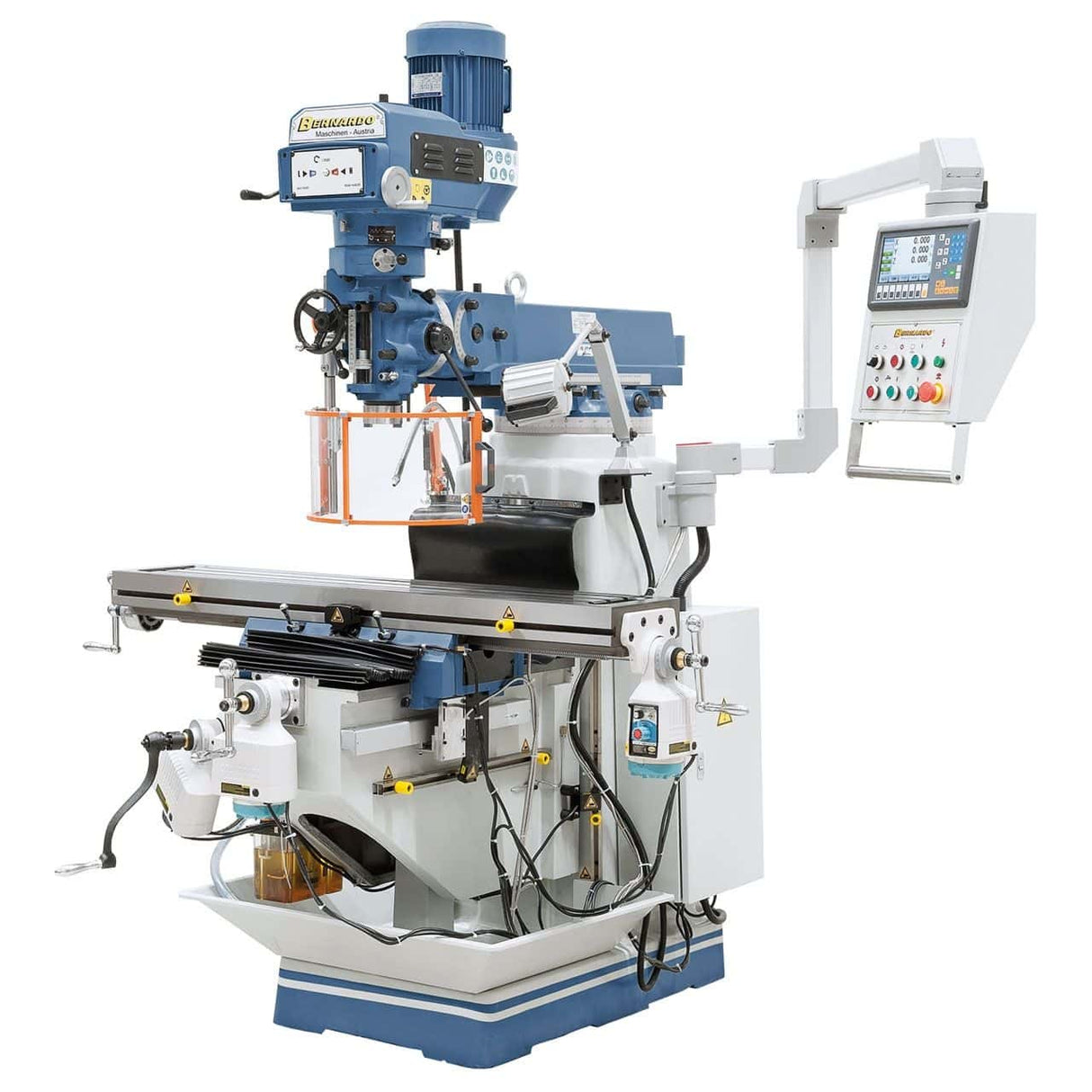 Bernardo Fresatrice multifunzionale MFM 250 Super con tavola da 1370 x 254 mm, testa universale orientabile e regolazione continua della velocità, completa di display digitale a 3 assi.
