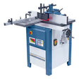 Vista laterale della T 500 PR, con struttura in ghisa, tavolo a rulli installato e guida di fresatura montata. Ideale per lavorazioni di alta precisione in spazi ridotti.
