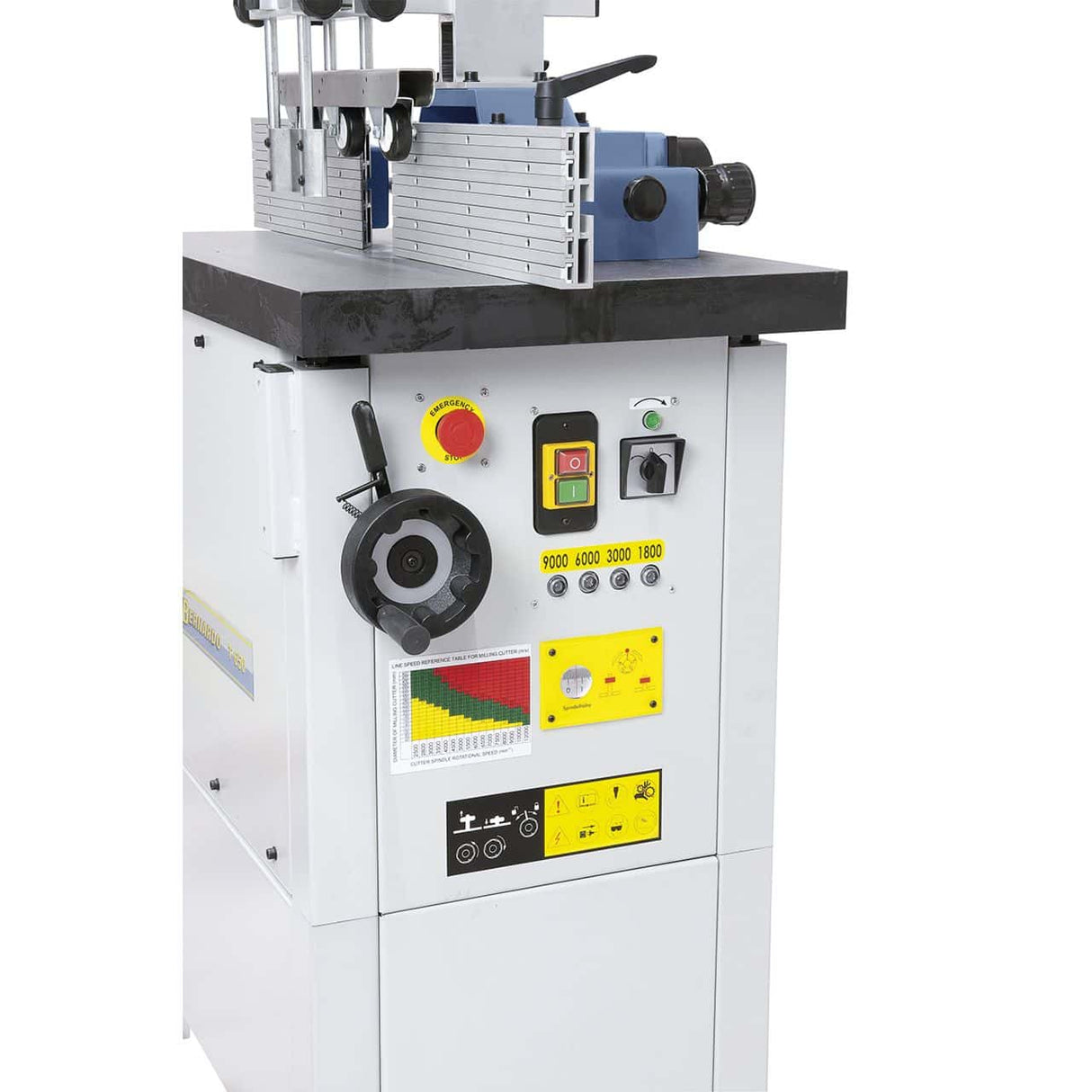 Bernardo T 650 vertical spindle moulder – 230V single-phase, 2.8 kW S1 (3.9 kW S6) motor, 4 speeds 1,800-9,000 rpm