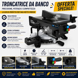 Troncatrice combinata da banco Güde TKGS 210 con laser integrato, ideale per tagli precisi e versatili su legno e pannelli con guida visiva per maggiore accuratezza.