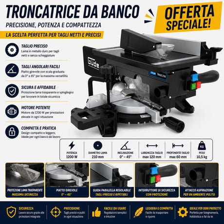 Troncatrice combinata da banco Güde TKGS 210 con laser integrato, ideale per tagli precisi e versatili su legno e pannelli con guida visiva per maggiore accuratezza.