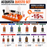 Kit con 13 punte in plastica per tasselli 4–12 mm, DOMINO, biscuit, coda di rondine, scanalatura, pennello nylon e rullo 60 mm, 2 flaconi da 250 ml, tappi e supporto, in combo con colla Titebond a scelta.