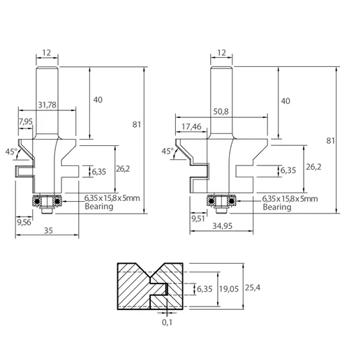 IGM M142 Router Bit Set for V-Joint Tongue and Groove, Male and Female Joint - D50.8 x 29.65 t19.05-25.4 L81 S=12 HW