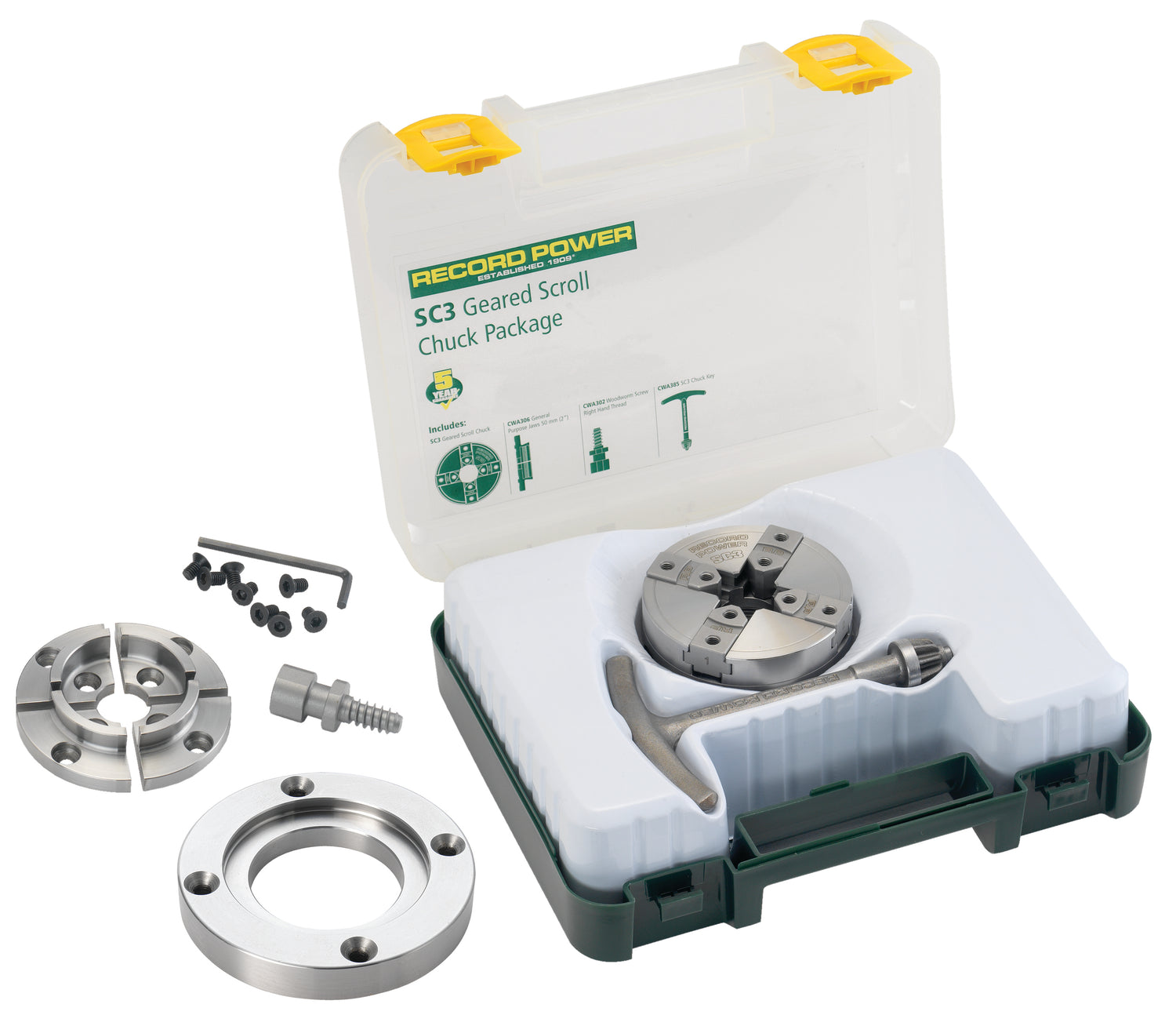 Mandrino Record Power SC3 M33 x 3.5 compatto e leggero, completo di ganasce standard da 50 mm, flangia da 3,5” e vite per legno per tornitura di precisione.