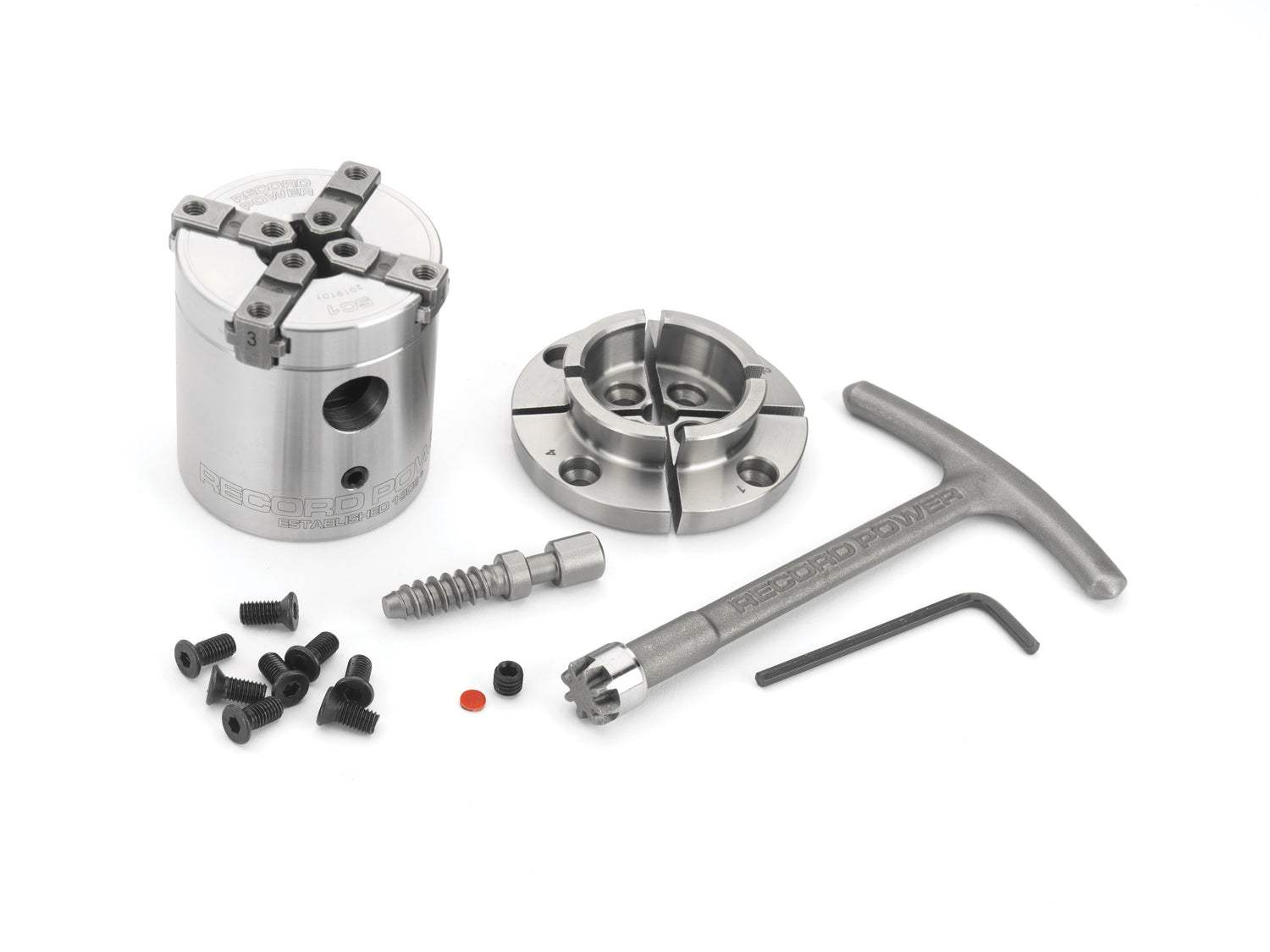 Mini mandrino Record Power SC1 con corpo compatto da 50 mm, progettato per la tornitura di piccoli oggetti in legno e lavori di alta precisione, compatibile con inserti SC4.