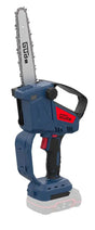 Mini motosega a batteria Güde GMK 18-0 compatta con barra da 158 mm, tensionamento rapido e impugnatura di sicurezza.