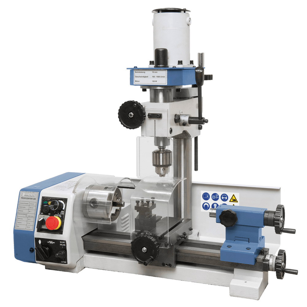 Vista del mini tornio Proficenter 250 con struttura compatta, mandrino a 3 griffe, fresatrice integrata e portautensili a 2 posizioni.