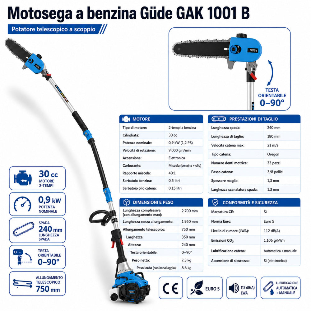 Motosega a stelo Güde GAK 1001 B – benzina 2 tempi, testina orientabile 0–90°