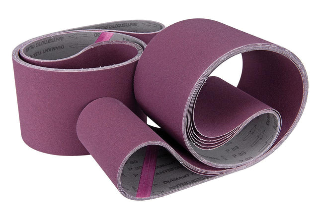 Set di 10 nastri abrasivi in tela Bernardo 685 x 50 mm grana G80, compatibili con BTS 150, KSA 150 e KSA 200, ideali per metallo, legno e plastica.