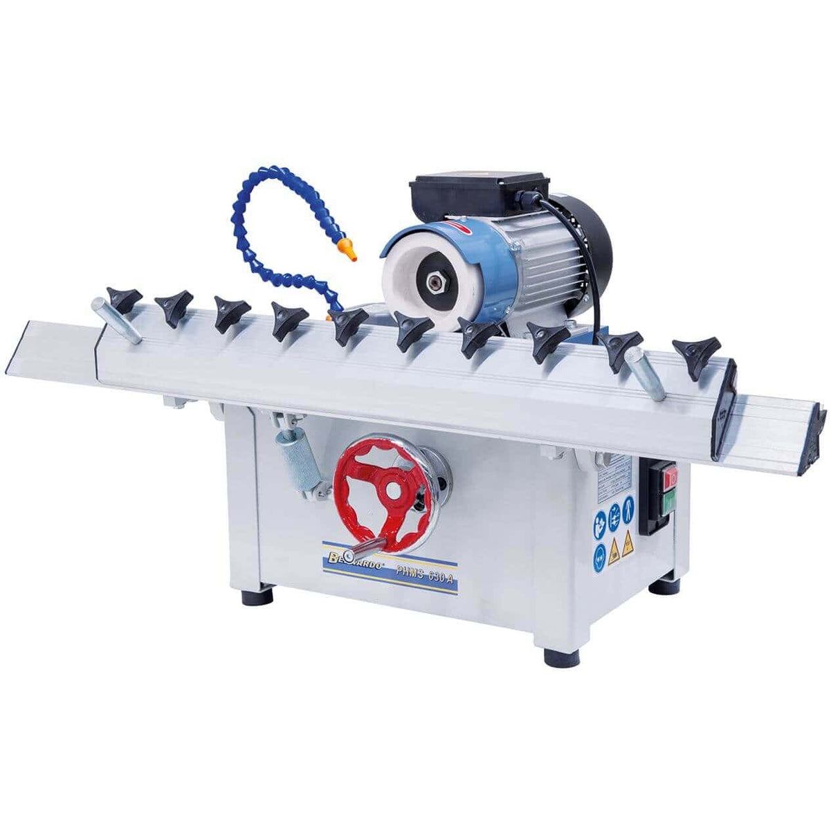 Vista della PHMS 630 A con portacoltelli in alluminio, mola 100 × 50 × 20 mm, dispositivo refrigerante e guida inclinabile 23°–55°, ideale per affilature precise e ripetibili in falegnameria.