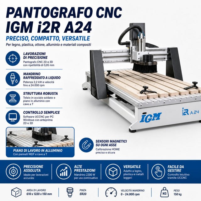 Pantografo CNC IGM i2R A24, struttura in acciaio saldato, guide prismatiche su tre assi e piano in alluminio 40 mm con inserti MDF