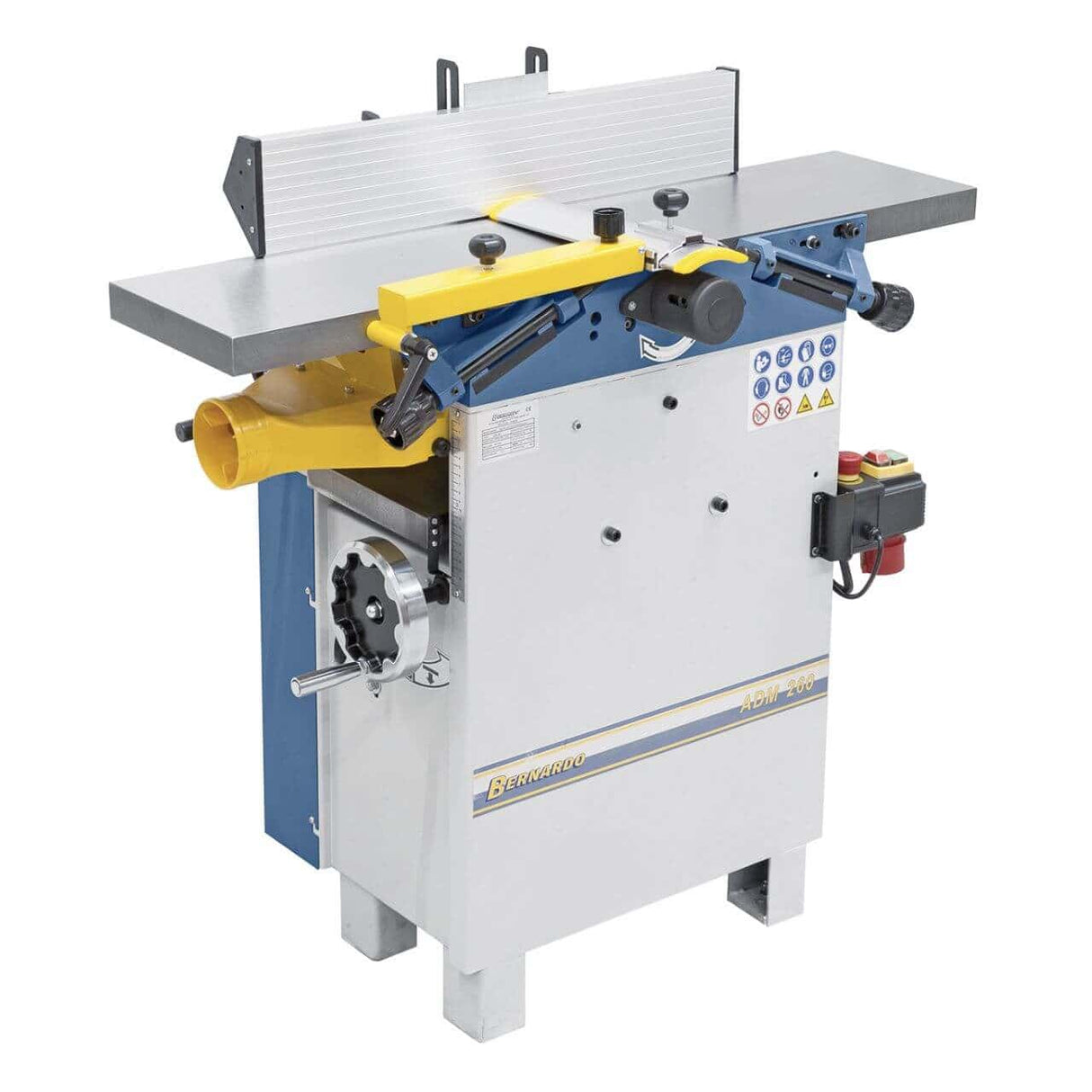 Pialla a filo e spessore Bernardo ADM 260 230 V con tavoli in ghisa, recinzione inclinabile, cappa di aspirazione integrata e albero a 3 coltelli HSS, ideale per lavorazioni precise del legno.