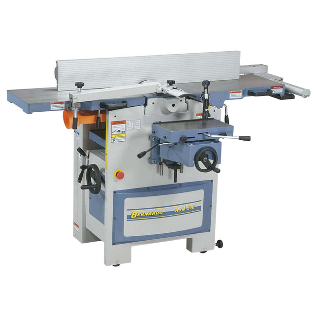 Pialla a filo e spessore Bernardo ADM 300 400 V con tavoli in ghisa, albero pialla a 4 coltelli HSS e rullo elicoidale, ideale per falegnamerie e laboratori professionali.