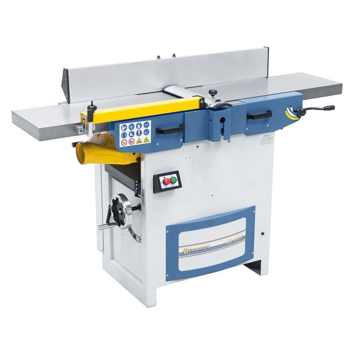Pialla a filo e spessore Bernardo AD 310 S 400 V con albero a spirale dotato di 52 inserti TCT, tavoli in ghisa e recinzione inclinabile, ideale per falegnamerie e laboratori professionali.
