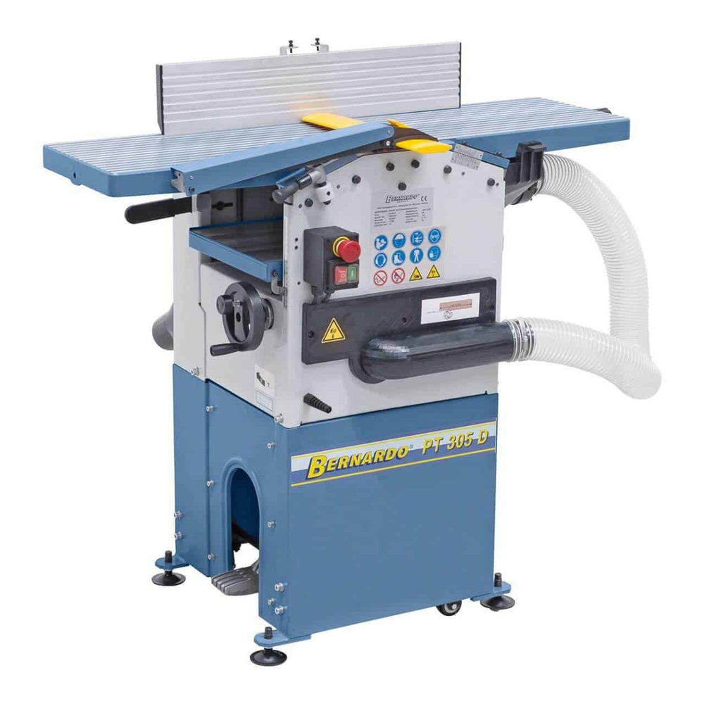 Pialla a filo e spessore Bernardo PT 305 D 230 V con tavoli in alluminio rettificato, recinzione inclinabile e aspiratore integrato, ideale per lavorazioni precise su tavole e travi in legno.