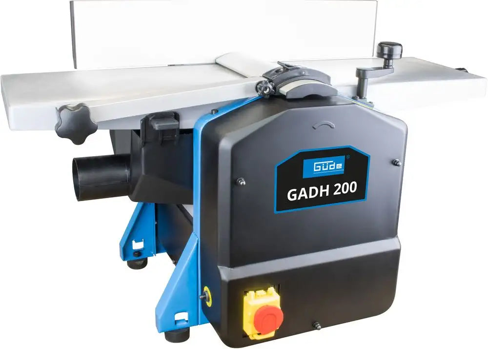 Pialla a filo e spessore Güde GADH 200 con tavoli in alluminio pressofuso e regolazione del piano a spessore tramite volantino, ideale per lavorazioni di precisione.
