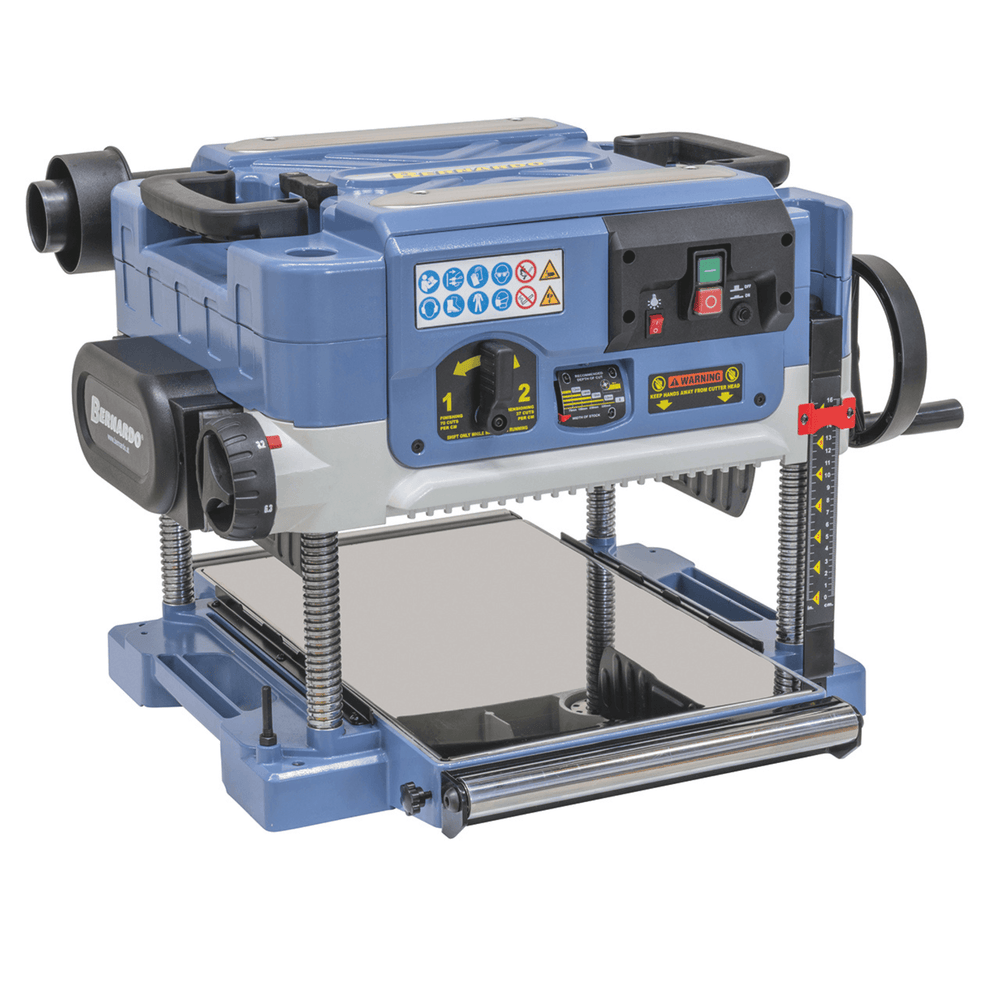 Pialla a spessore Bernardo TH 330 Pro 230V con rulli gommati, tavolo estensibile e sistema di aspirazione integrato, ideale per cantieri e falegnamerie mobili.