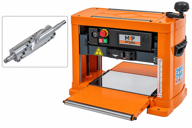 Pialla a spessore M4P TP 330 S 230 V con albero spirale a 30 inserti HM, larghezza di lavoro 330 mm e motore 1,5 kW.