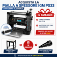 Bundle IGM PS33 con carrello mobile ST1M portata 200 kg e raccordo aspirazione scalare ABS 25–100 mm inclusi in omaggio. Pialla a spessore portatile con testata a spirale, larghezza 330 mm, alimentazione monofase 230 V.