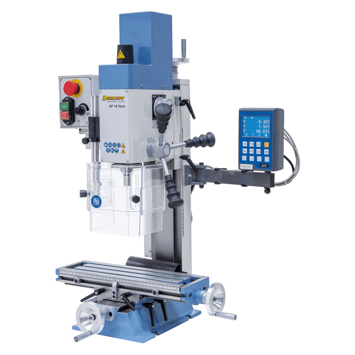 Bernardo KF 16 Vario Mill-Drill with 3-axis DRO DT 40 – drilling Ø 16 mm, face mill Ø 50 mm, table 400 × 120 mm, tilting head -90°/+90°, 0.5 kW motor, 230V single-phase, weight 60 kg
