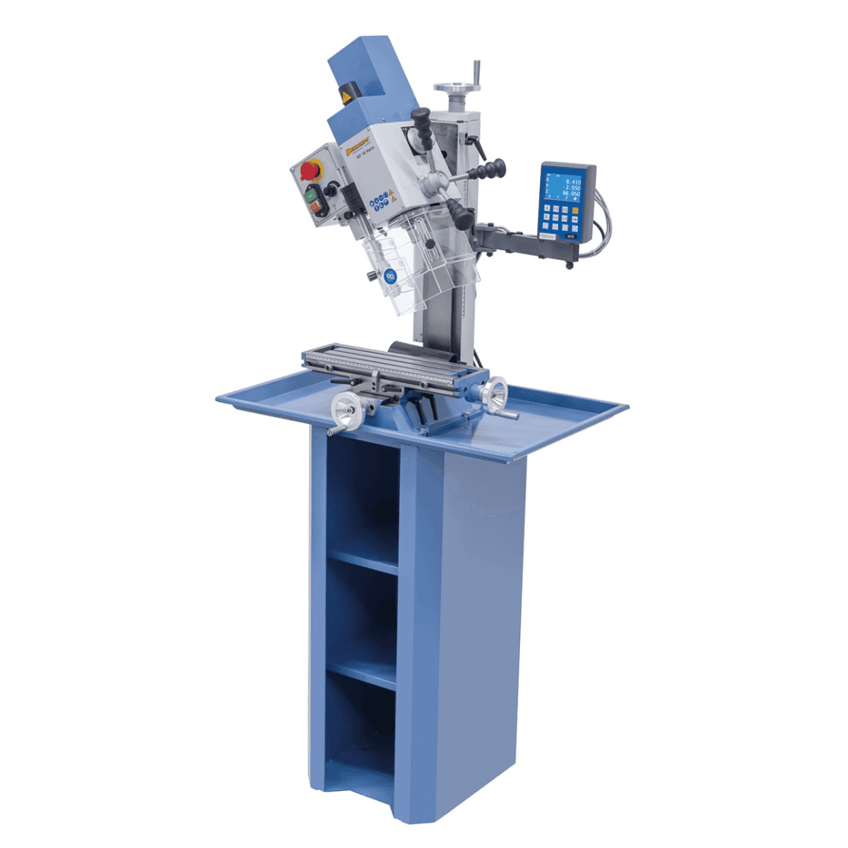Bernardo KF 16 Vario Mill-Drill with 3-axis DRO DT 40 – drilling Ø 16 mm, face mill Ø 50 mm, table 400 × 120 mm, tilting head -90°/+90°, 0.5 kW motor, 230V single-phase, weight 60 kg