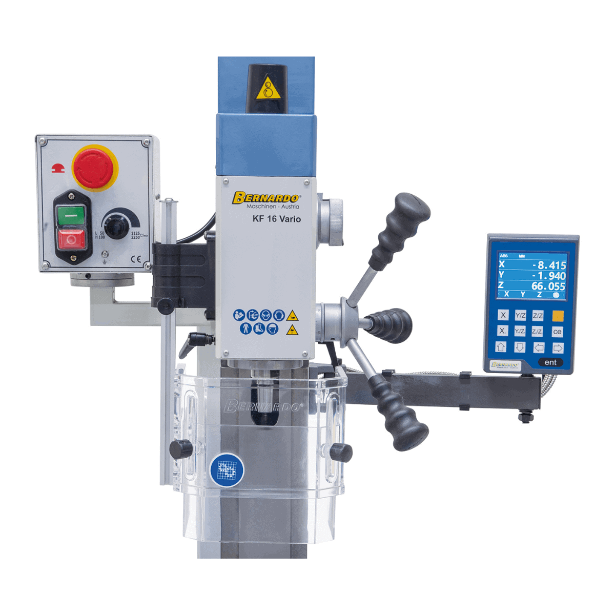 Bernardo KF 16 Vario Mill-Drill with 3-axis DRO DT 40 – drilling Ø 16 mm, face mill Ø 50 mm, table 400 × 120 mm, tilting head -90°/+90°, 0.5 kW motor, 230V single-phase, weight 60 kg