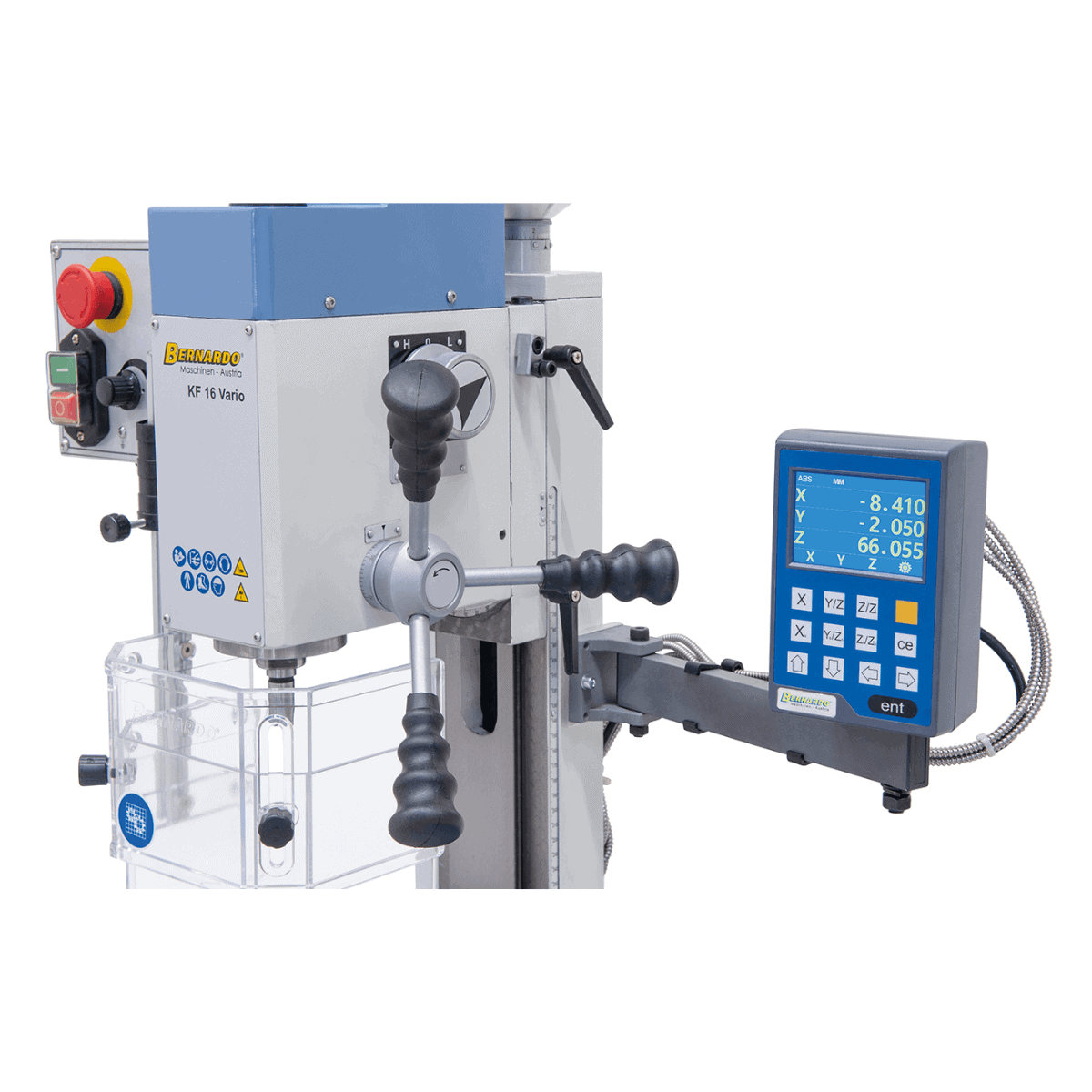 Bernardo KF 16 Vario Mill-Drill with 3-axis DRO DT 40 – drilling Ø 16 mm, face mill Ø 50 mm, table 400 × 120 mm, tilting head -90°/+90°, 0.5 kW motor, 230V single-phase, weight 60 kg