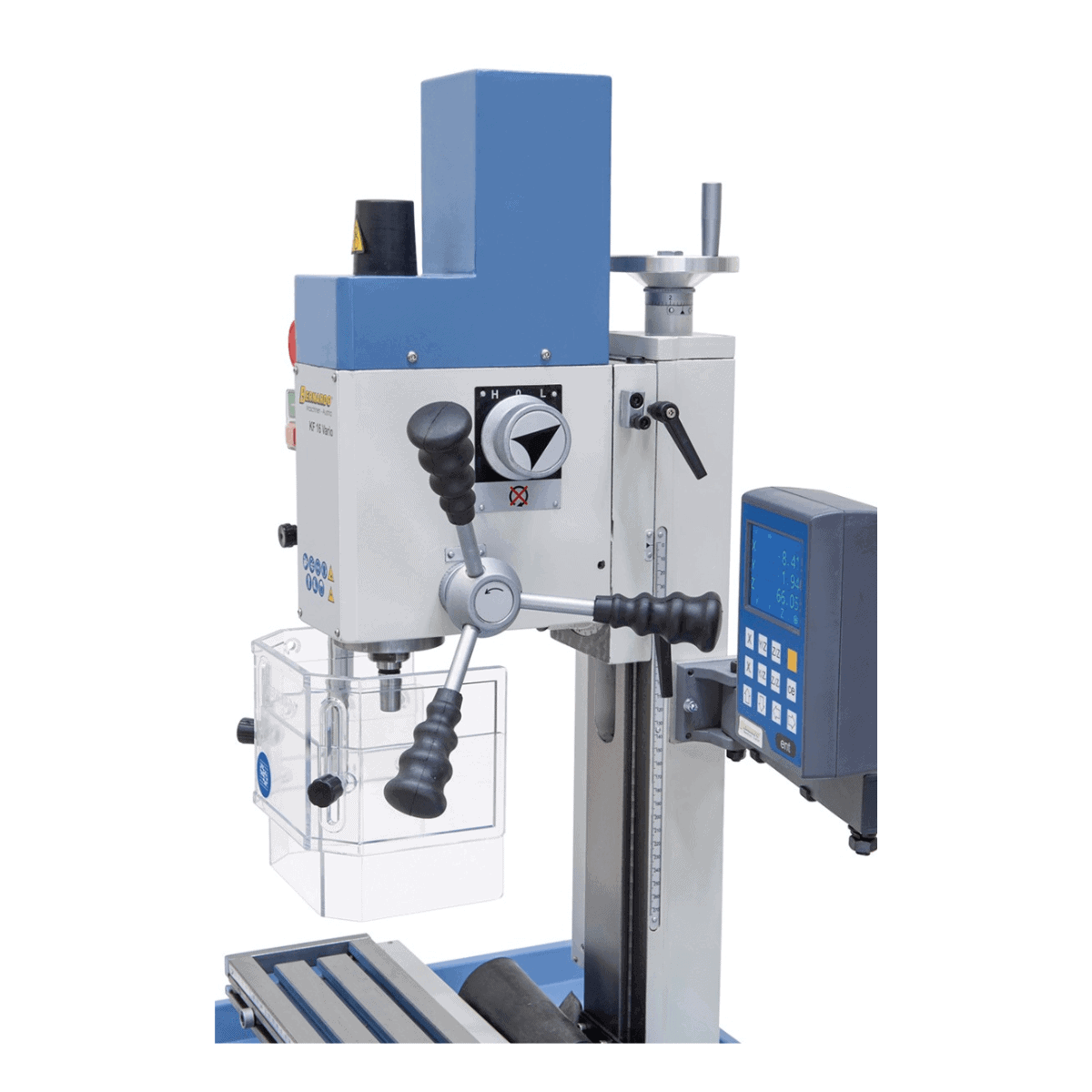 Bernardo KF 16 Vario Mill-Drill with 3-axis DRO DT 40 – drilling Ø 16 mm, face mill Ø 50 mm, table 400 × 120 mm, tilting head -90°/+90°, 0.5 kW motor, 230V single-phase, weight 60 kg