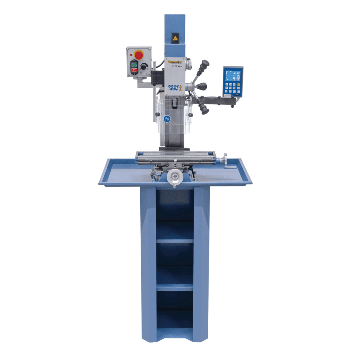 Bernardo KF 16 Vario Mill-Drill with 3-axis DRO DT 40 – drilling Ø 16 mm, face mill Ø 50 mm, table 400 × 120 mm, tilting head -90°/+90°, 0.5 kW motor, 230V single-phase, weight 60 kg