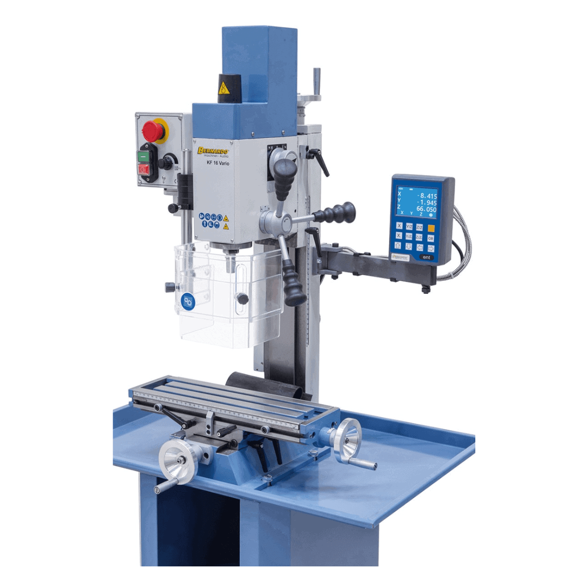 Bernardo KF 16 Vario Mill-Drill with 3-axis DRO DT 40 – drilling Ø 16 mm, face mill Ø 50 mm, table 400 × 120 mm, tilting head -90°/+90°, 0.5 kW motor, 230V single-phase, weight 60 kg