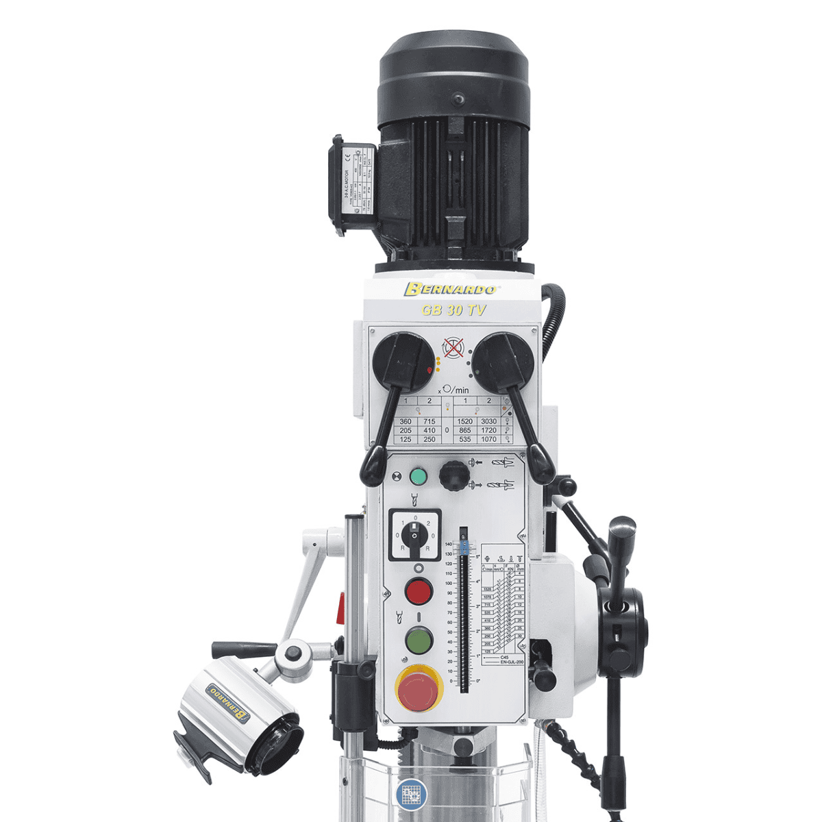 Bernardo GB 30 TV Gear-Driven Drill Press with Automatic Feeds – Drilling Ø 32 mm, Threading M20, Concentricity ≤ 0.02 mm, 12 Speeds 125-3,030 rpm, Automatic Tool Ejector, 1.1 kW Three-Phase Motor, Weight 235 kg