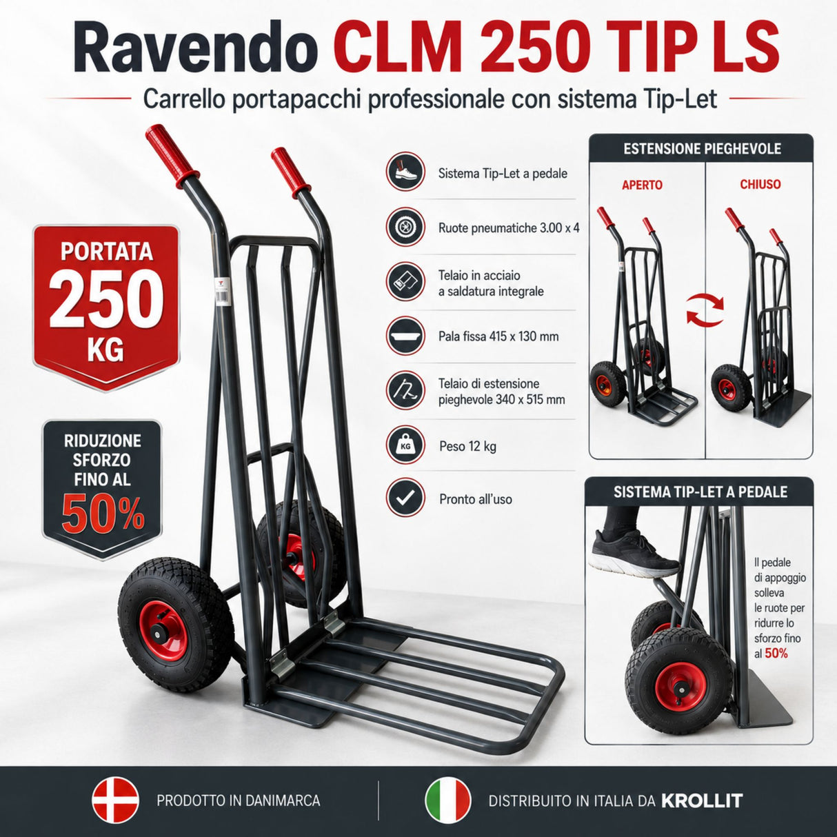 Ravendo CLM 250 TIP LS Sack Truck – Tip-Let System, 250 kg Load Capacity