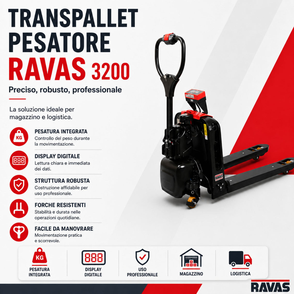 Electric Pallet Truck RAVAS Ergo Truck-2 – electric drive, integrated weighing, 24V Li-ion