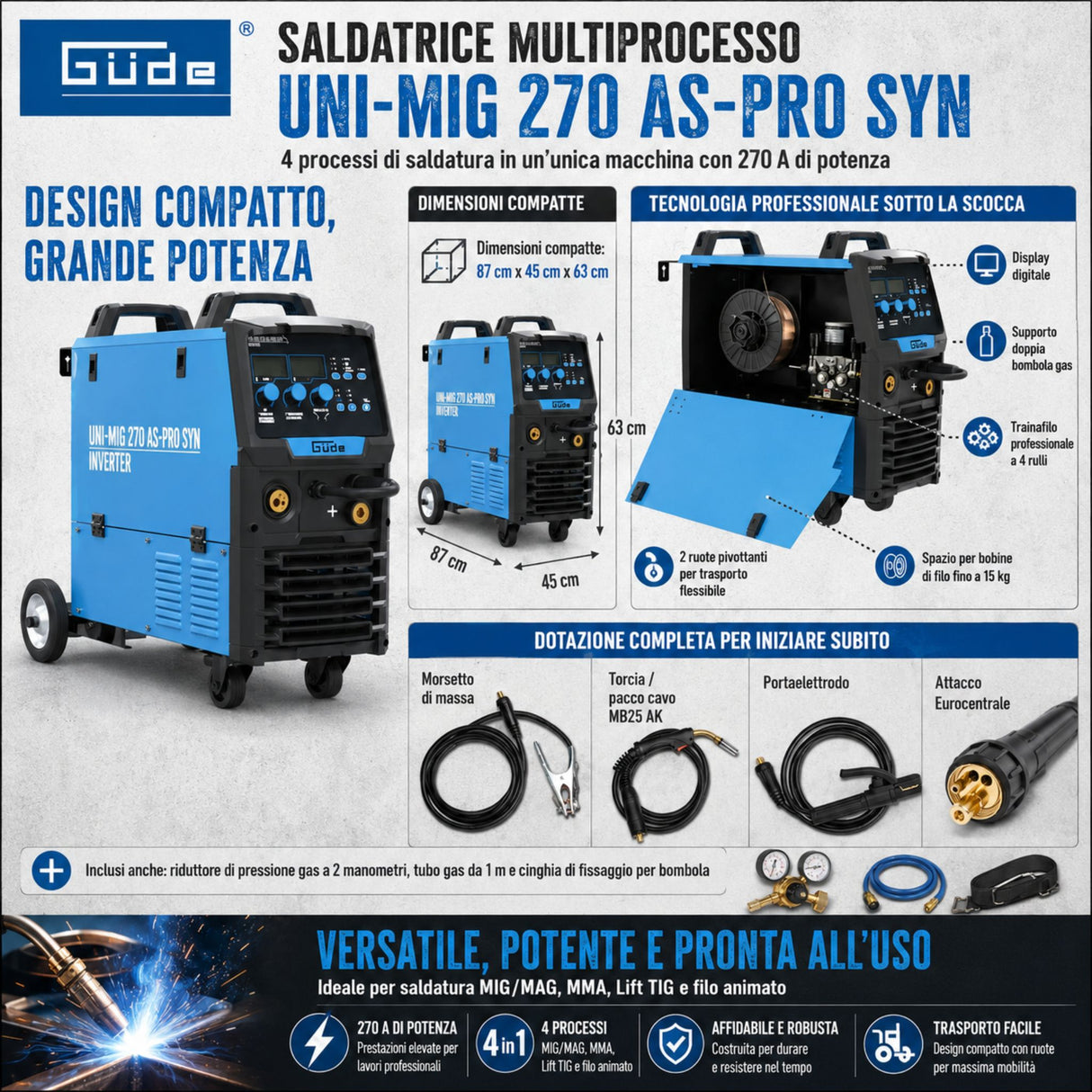 Multi-process welder Güde Uni-Mig 270 AS-Pro SYN – three-phase 400V inverter, MIG/MAG, MMA, flux-cored and TIG