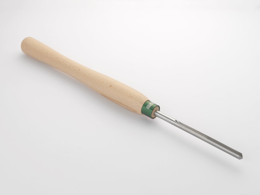 Dettaglio della sgorbia Record Power per ciotole 10 mm con manico lungo da 406 mm, ideale per tornitura interna professionale.