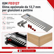 Sagoma opzionale in acciaio IGM FD3130 per box joint 12,7 mm, compatibile con dime IGM FD300 e FD600. Include fermi di posizionamento rossi. Richiede fresa IGM M100-12781 HW downcut D12,55 x 25 mm gambo 8 mm e boccola D15,8 x 4 mm (non incluse).