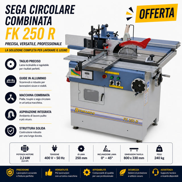 Macchina combinata sega e fresa Bernardo FK 250 R alimentazione 400V, compatta e precisa, ideale per lavorazioni di taglio e fresatura del legno con elevata versatilità.