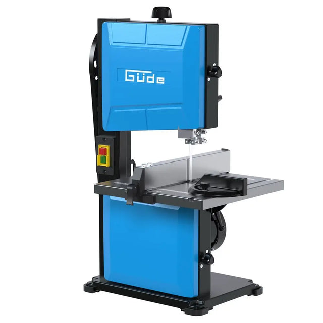 Sega a nastro Güde GBS 200S con piano in acciaio inclinabile, volani in alluminio e base con protezione in gomma per tagli di precisione.