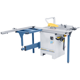 Vista laterale della sega FKS 1300 H con tavolo in ghisa, braccio telescopico e lama da 254 mm per tagli inclinati e pannelli di medie dimensioni.