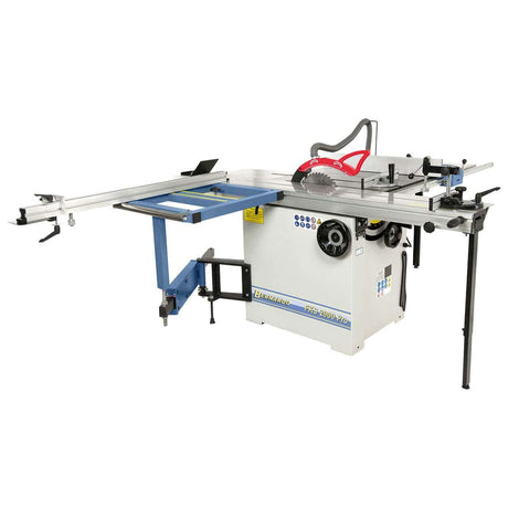 Sega scorrevole di precisione per uso professionale, dotata di incisore, carro da 2 metri, estensioni tavolo e guida telescopica regolabile, ideale per tagli precisi su pannelli di medie dimensioni.