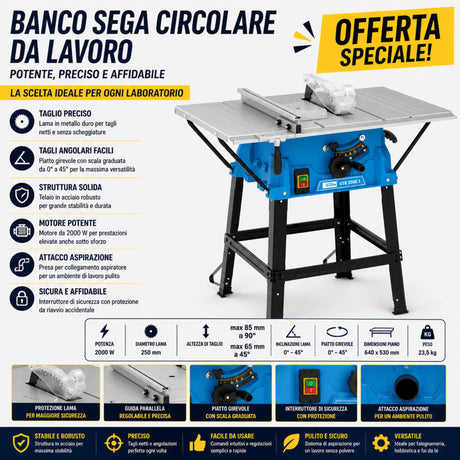 Sega circolare da banco Güde GTK 2000.1 da 2000W con lama Ø250 mm e tavoli di estensione, ideale per tagli precisi su legno e pannelli di grandi dimensioni.
