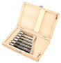  Set professionale da 6 punte per fori profondi su legno, con rotazione sinistrorsa e attacco da 13 mm, ideale per fresatrici e forabuchi.