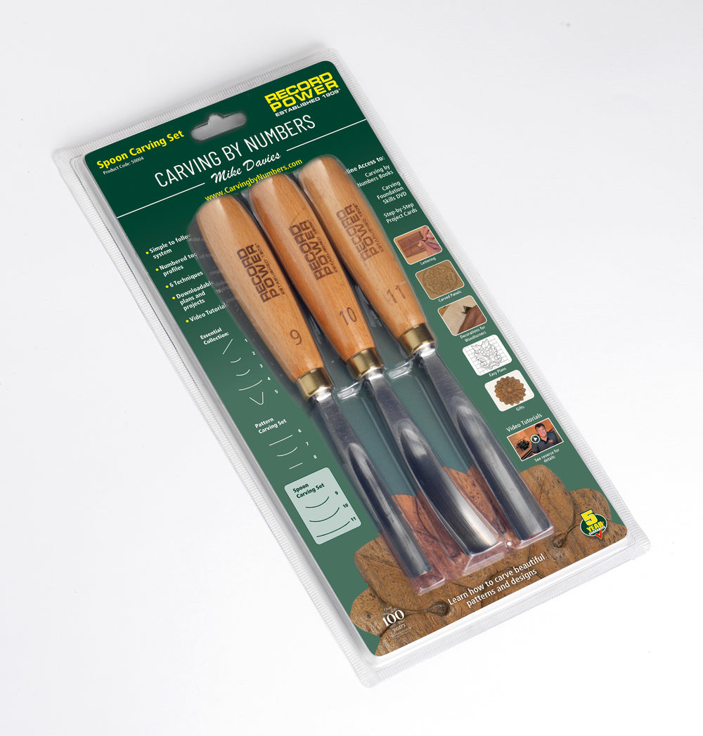 Set di 3 sgorbie da intaglio in acciaio cromo-vanadio per la realizzazione di cucchiai, spatole e utensili in legno, con sistema Carving by Numbers.