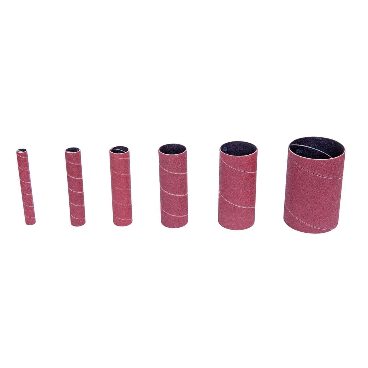 Set di manicotti abrasivi cilindrici grana K80 con diametri da 13 a 76 mm utilizzati per levigatura e sbavatura di componenti metallici con levigatrice OVS 40.