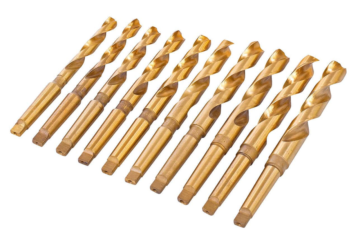 Set da 10 punte coniche Bernardo HSS MT2 con rivestimento TiN, diametri da 14,5 a 23 mm, in cassetta di legno robusta per officine e laboratori.