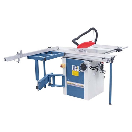 La squadratrice Bernardo STS 1600 monofase con carro scorrevole da 1600 mm, lama Ø 315 mm e motore da 3,0 kW, progettata per falegnamerie e laboratori che necessitano di precisione anche senza alimentazione trifase.