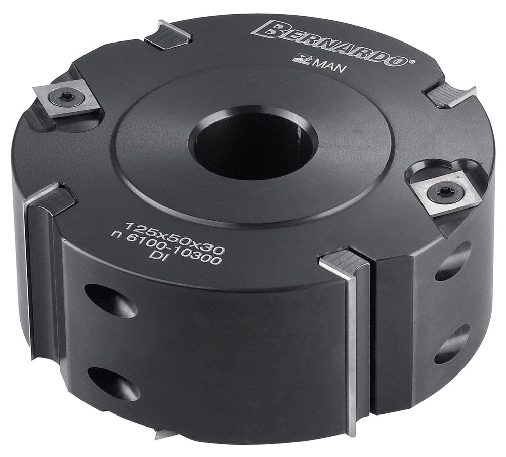 Testa per battuta Ø125 mm con 4 taglienti e 4 controtaglienti, altezza 50 mm e foro 30 mm, ideale per battute e spigoli su legno massello o pannelli.